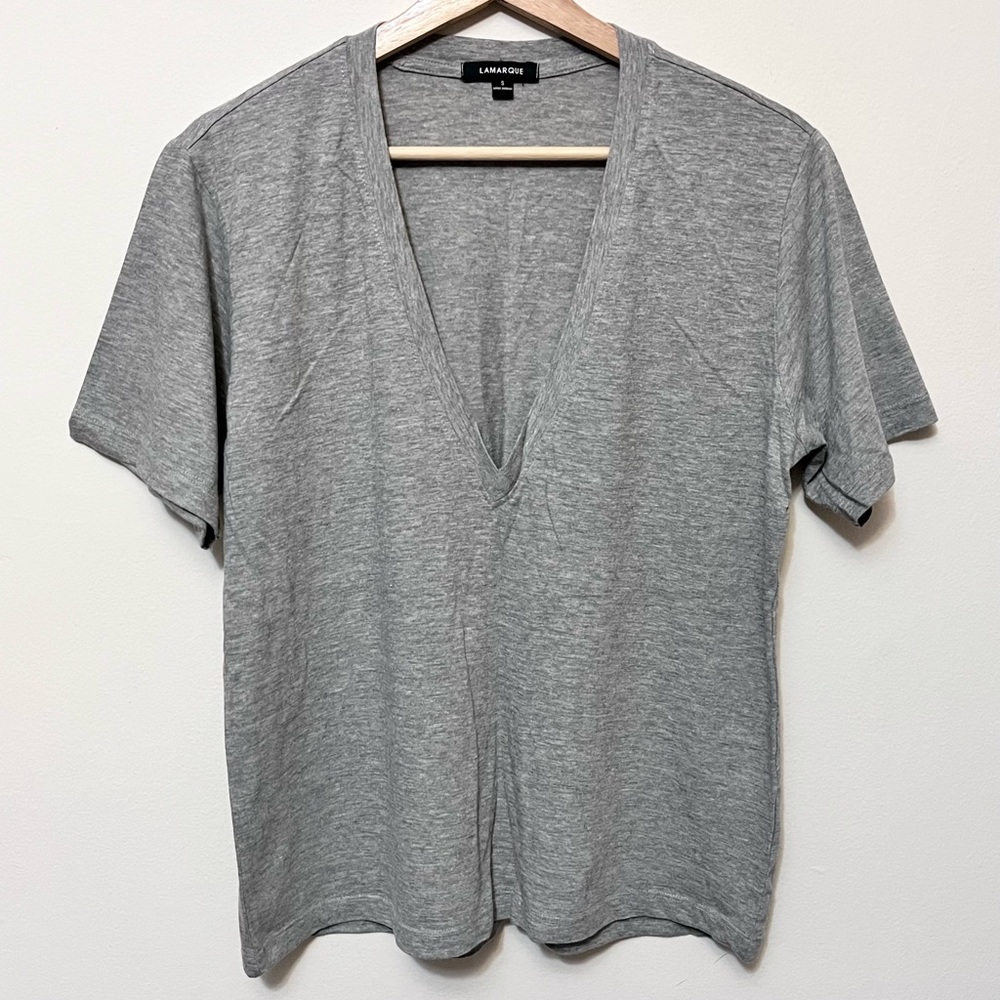 Lamarque • S • Deep V Neck Short Sleeve Heather Gray T-Shirt
